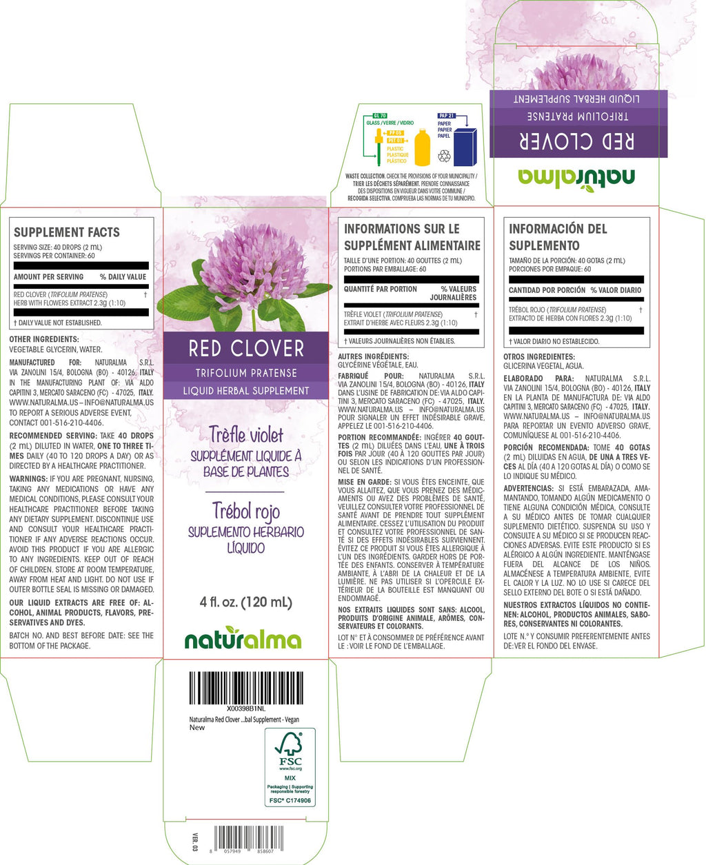 Naturalma Red Clover (Trifolium pratense) herb with Flowers Alcohol-Free Tincture - 4 fl oz Liquid Extract in Drops - Herbal Supplement - Vegan