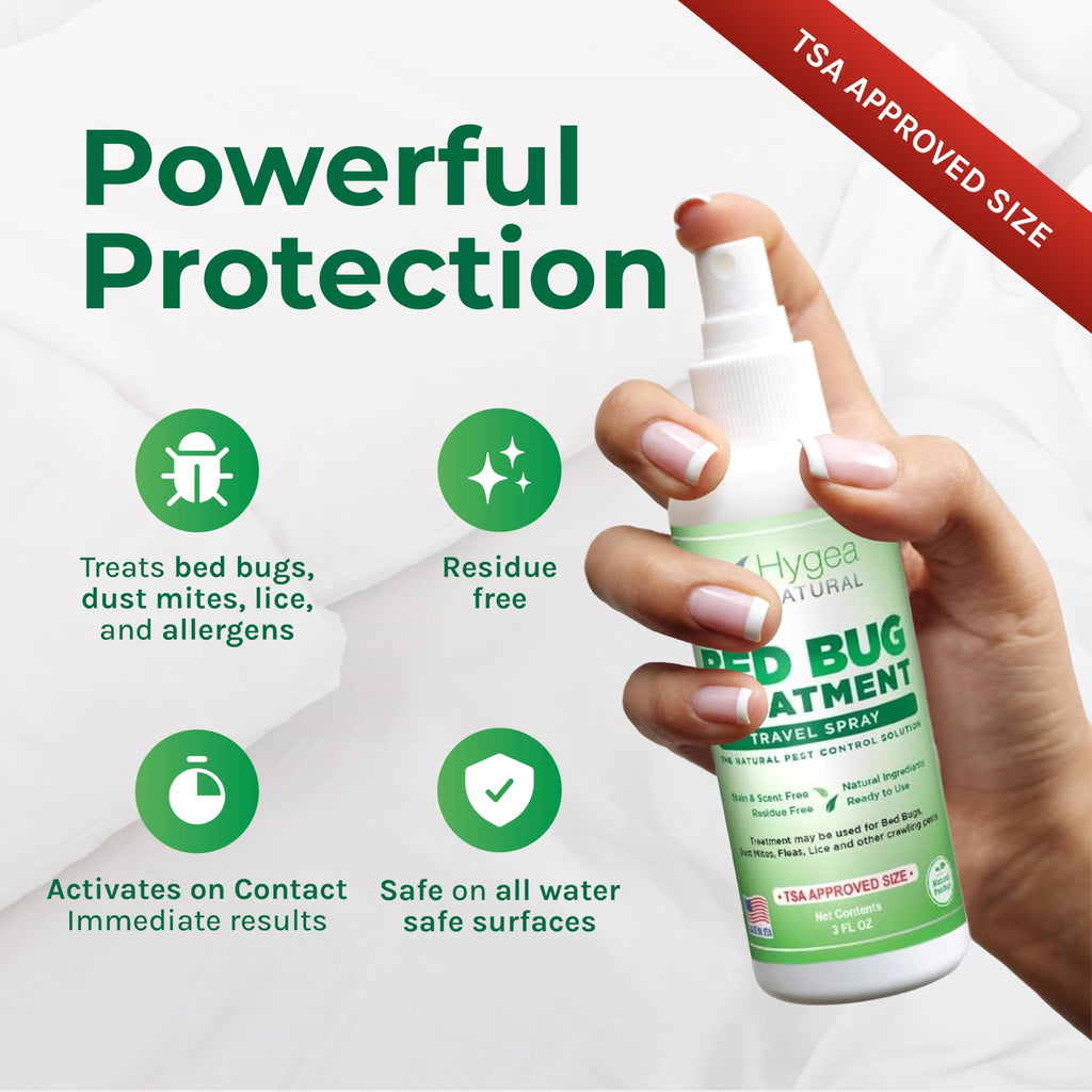 Hygea Natural Lice, Mite, and Bed Bug Killer Travel Spray - TSA Approved 3 oz Size Bottles, Child & Pet Friendly, Stain & Odor Free, for Hotels, Suitcase, Backpack, Shoes, Bed Bug Spray (2 Pack)