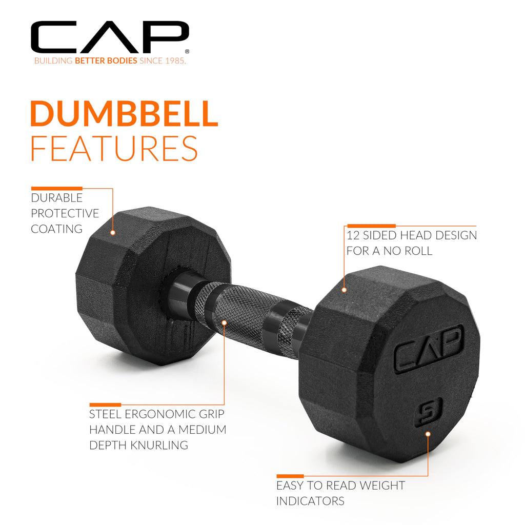 CAP Barbell 12-Sided Coated Dumbbell with Black Handle, Pair, 5 LB