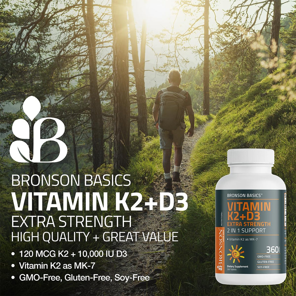 Bronson Vitamin K2 (MK7) with D3 Supplement Extra Strength 2 in 1 Support, 10,000 IU Vitamin D3 & 120 mcg K2 MK-7, 360 Tablets