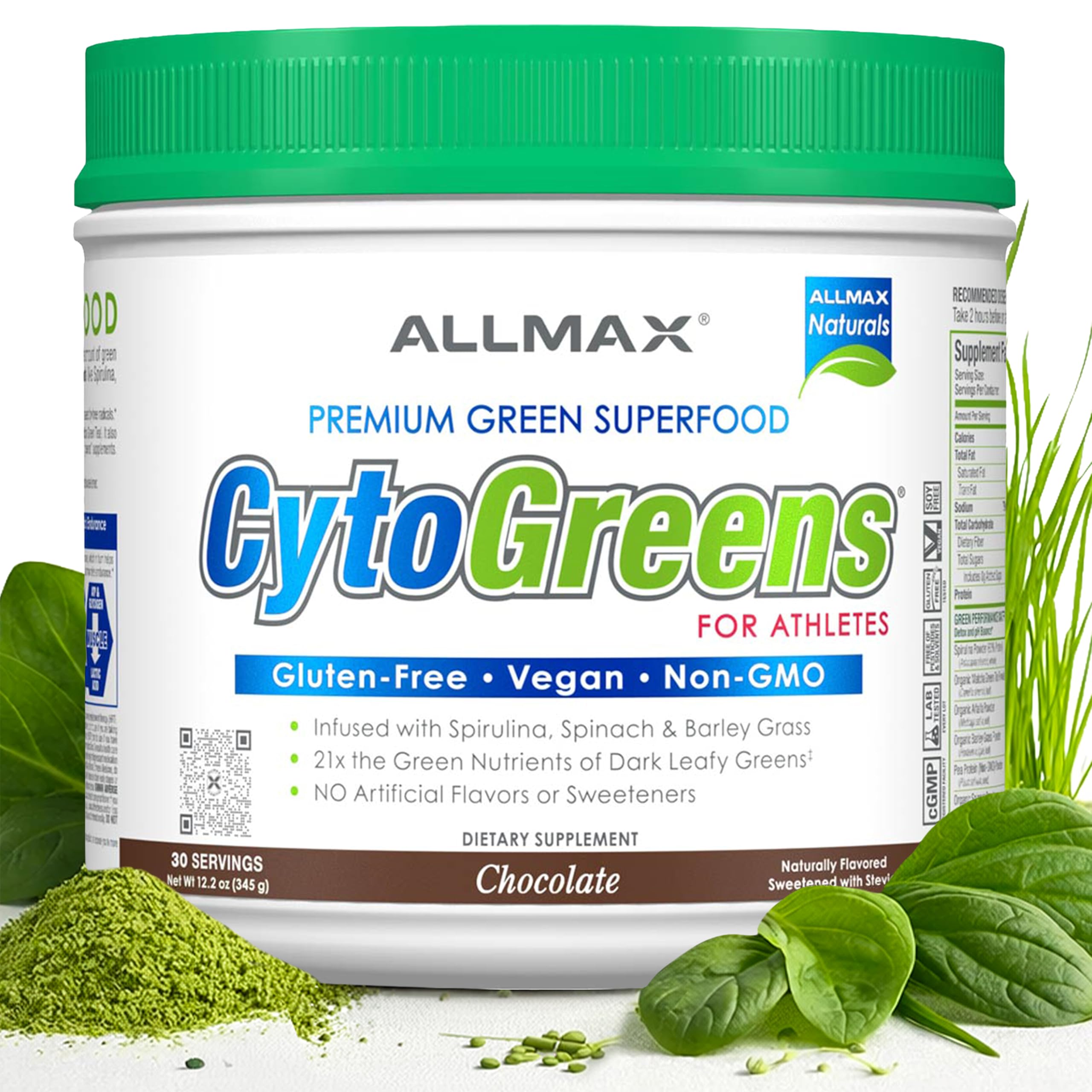 ALLMAX Naturals CytoGreens Super Greens Powder, Premium Green Superfood with Greens, Superfoods, Daily Greens Supplement, Chocolate, 30 Servings