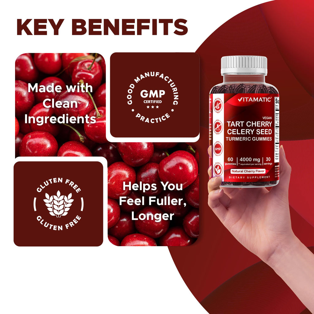 Vitamatic Tart Cherry with Celery Seed Gummies – 4000mg Equivalent Per Serving (from 10:1 Extract, 400mg) - 2-Pack