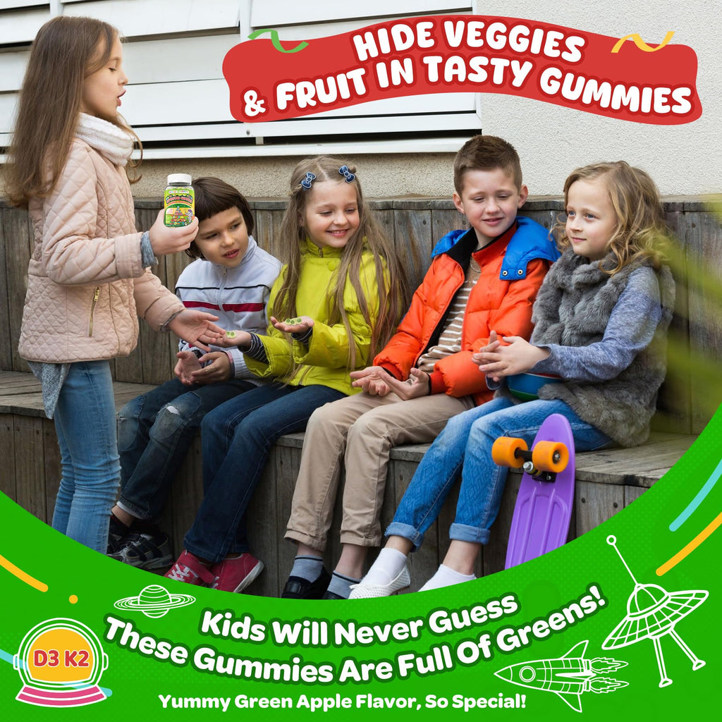 NEVISS Kids 4+ & Teens Super Greens 40-in-1 Gummies w/Multivitamin, Omega3 Iron, D3K2, Picky Eater Organic Super Fruits Veggies Superfood Gummy, Mushroom, Lutein | Immune Bone Brain Energy, Sugar Free