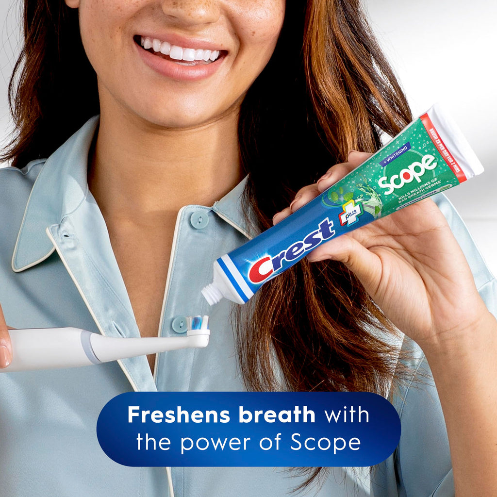 Crest + Scope Whitening Toothpaste - Pack of 3, 5.4 Oz Tubes - Anticavity Fluoride Toothpaste, Fresh Breath, Kills Germs - Tartar Protection, Enamel Protection - Minty Fresh Flavor