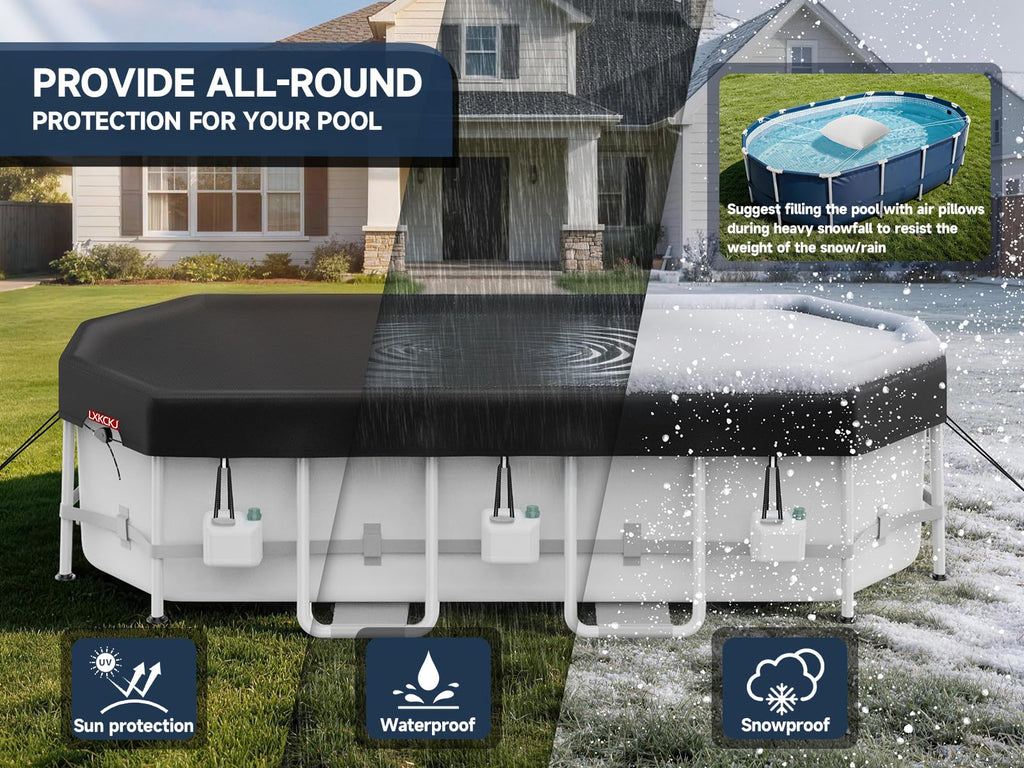 LXKCKJ 8x14 FT Rectangular Pool Cover for Above Ground Pool, Solar Oval Pool Cover Protector, Winter Pool Cover with Accessories Set Ideal for Cold and UV Resistant, Dustproof (Black)