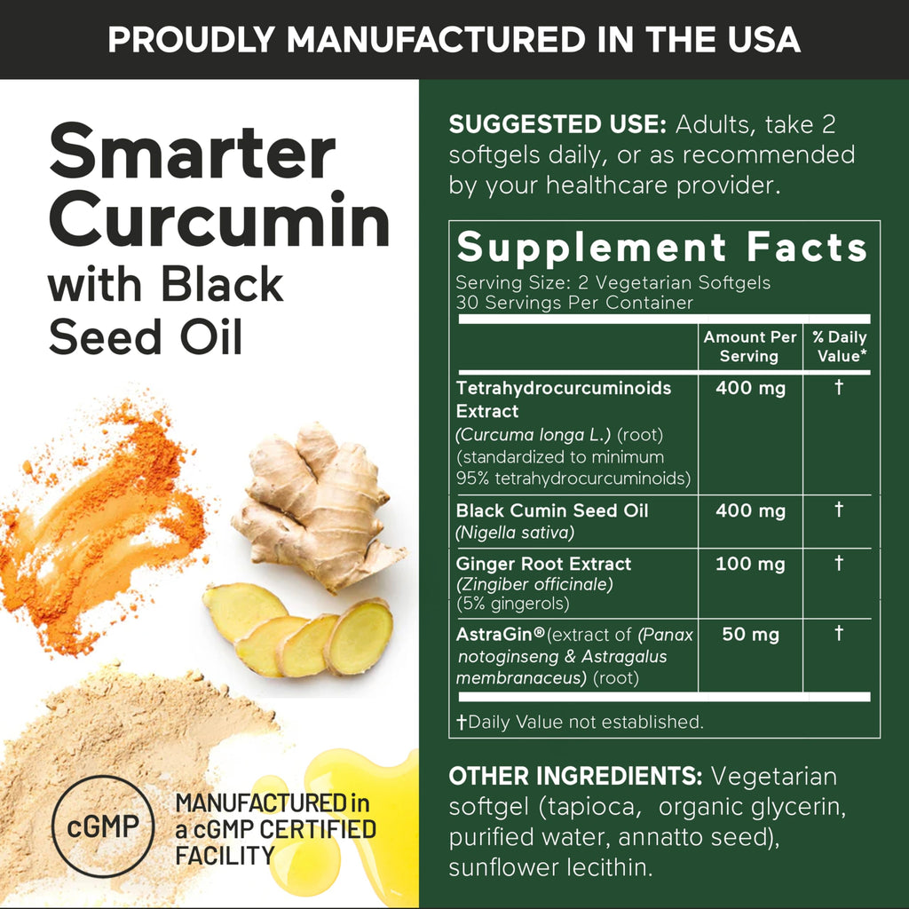 SMARTERNUTRITION Curcumin Softgels - Vegan High Absorption 400 mg Turmeric Supplement + Black Seed Oil & Ginger - 95% Tetrahydrocurcuminoids Non-GMO, USA Manufactured - 60 Ct[30 Servings]