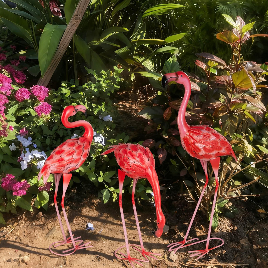 XONOR 3Pcs Flamingo Garden Statues Metal Flamingo Yard Art Outdoor Statues Sculptures for Home Patio Lawn Backyard Décor(Pink&Red)