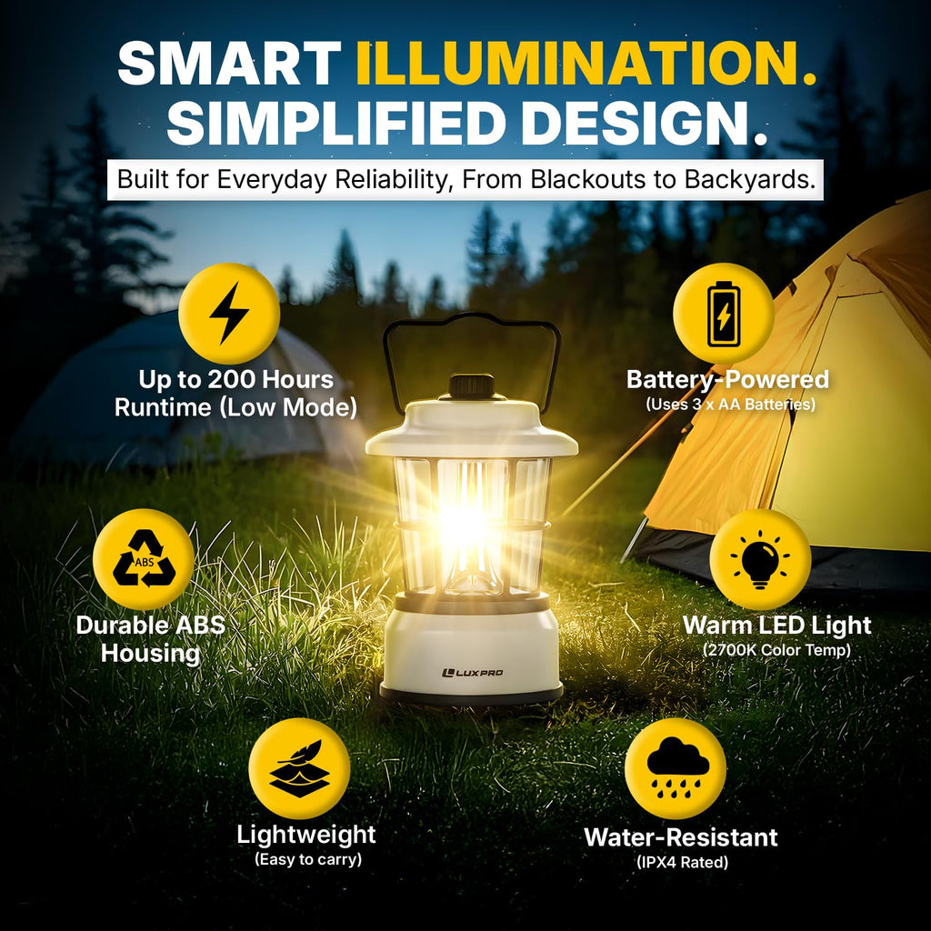 LUXPRO Retro LED Lantern - Battery-Powered Emergency Lantern - Water Resistant - Bright LED Lamp for Indoor & Outdoor Use - Use for Tents, Hiking or Hurricane Prep (Beige, Pack of 1)