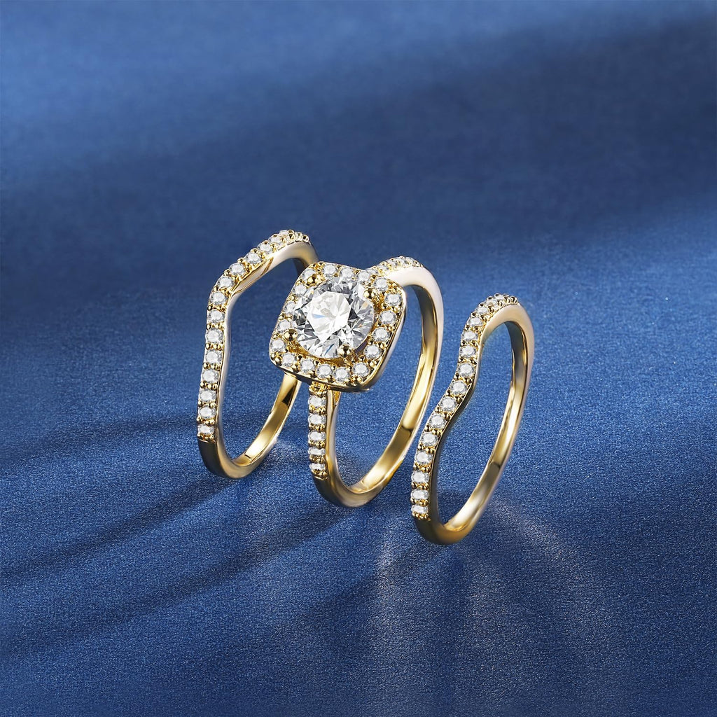 18K Gold Plated Cubic Zirconia Halo 3-in-1 Wedding Ring Set for Women