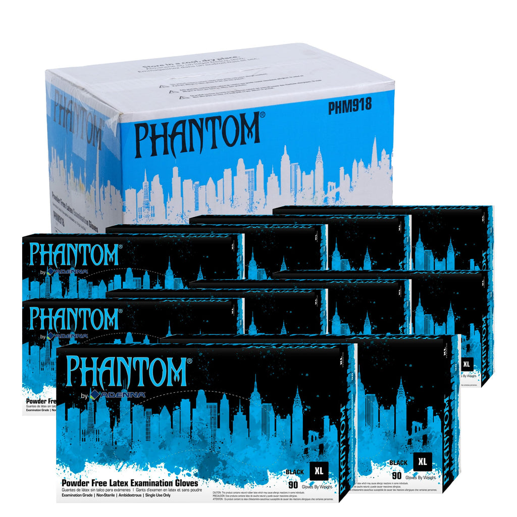 Adenna Phantom 6 Mil Latex Exam Gloves – Powder-Free, Textured Grip, Disposable, Medical Grade, Tattoo & Law Enforcement Use, Case of 900, X-Large, Black