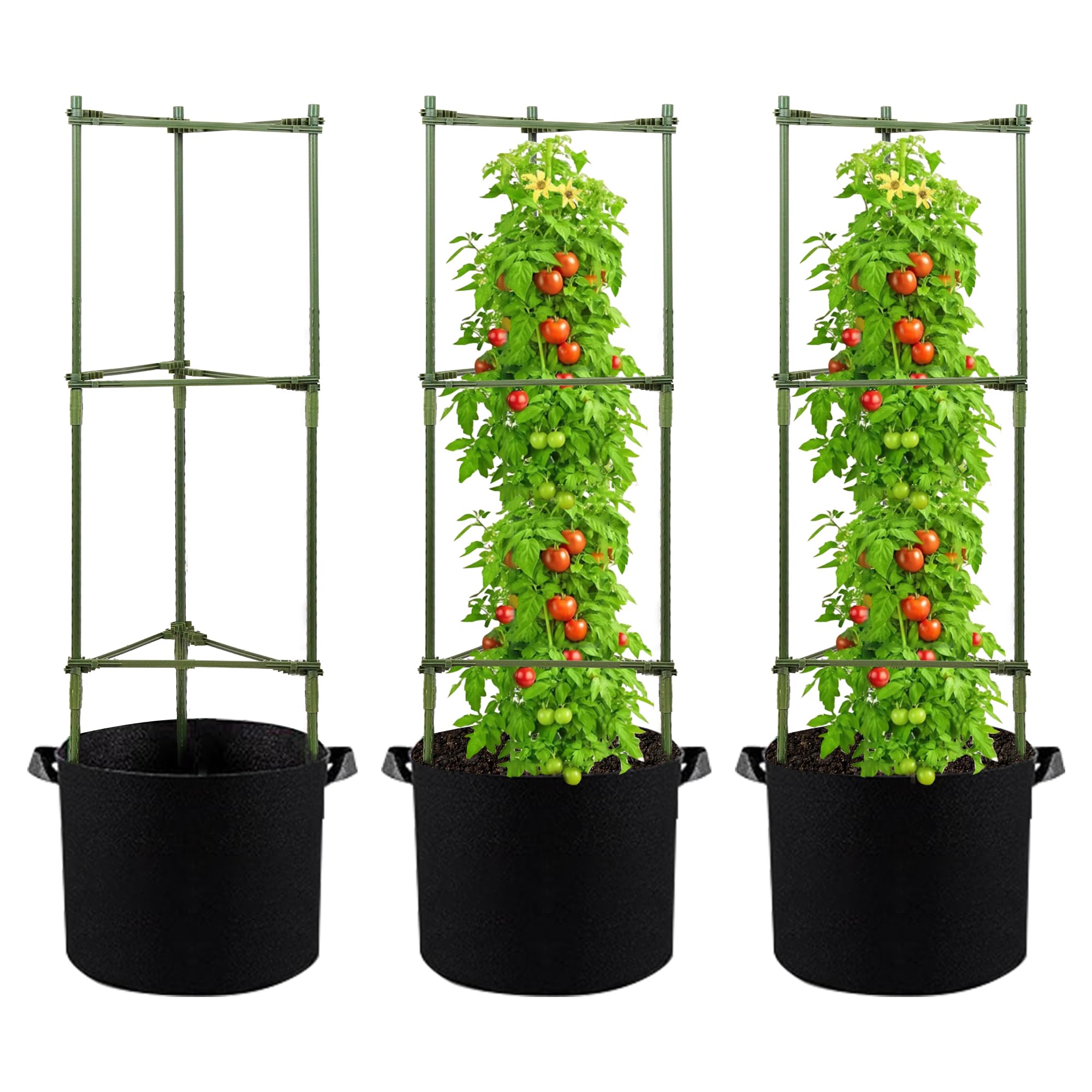 GENMOUS Tomato Cages with Grow Bags - 48 Inch Tomato Trellis for Raised Garden Bed, 3-Pack Tomato Plant Support, with 10 Gallon Plant Grow Bags, Reusable and Height Adjustable
