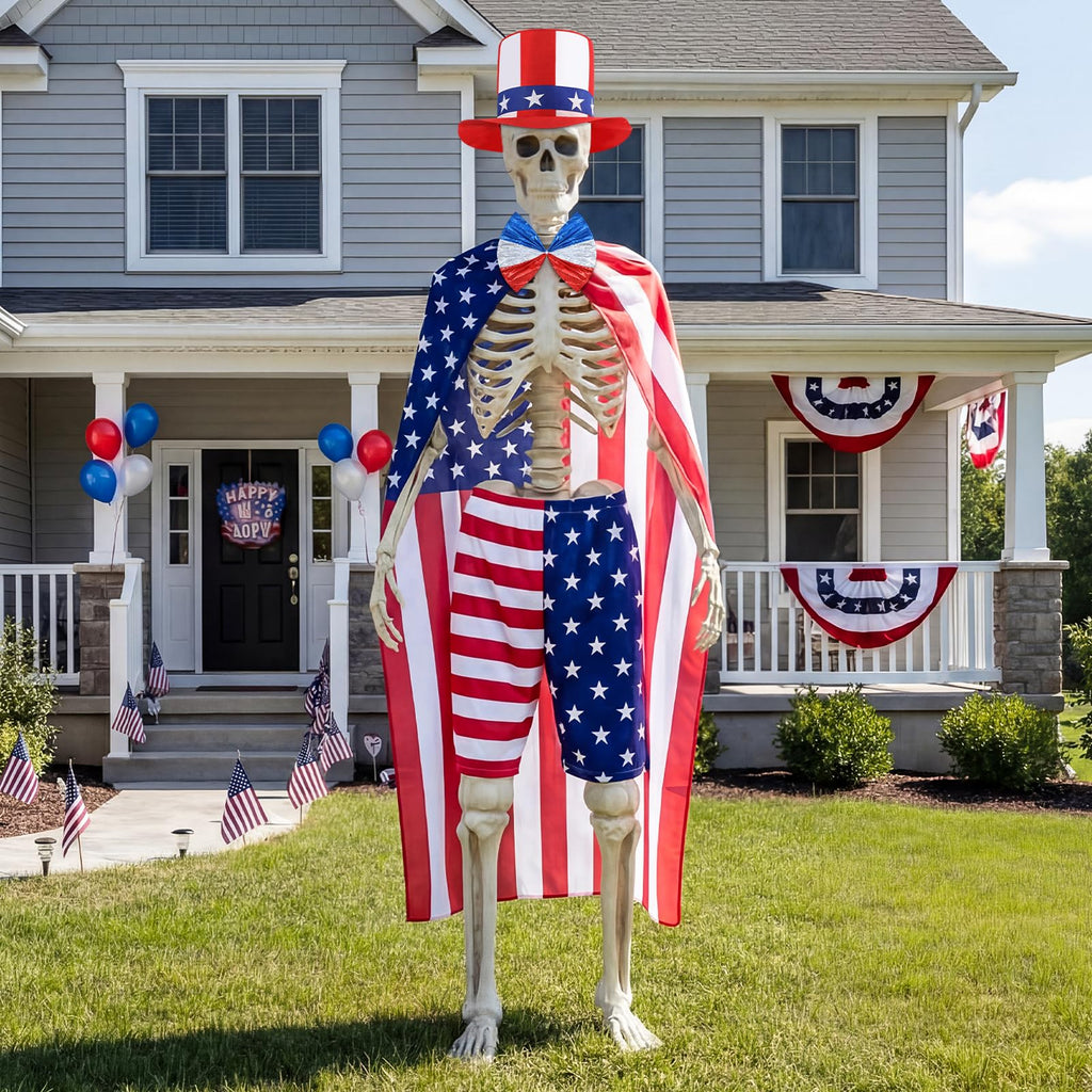 Cozypower 4 Pcs 4th of July 12 ft Skeleton Cloth Accessories, USA Flag Pattern Giant Skeleton Costume with Patriotic Hat, Cloak, Shorts and Bow Tie for Garden Lawn Decor 250th Anniversary Celebration