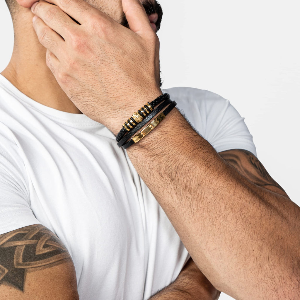 SERASAR Leather Men Bracelet Black Gold Steel Braided Jewelry Gift 8 inch