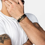 SERASAR Leather Men Bracelet Black Gold Steel Braided Jewelry Gift 8 inch