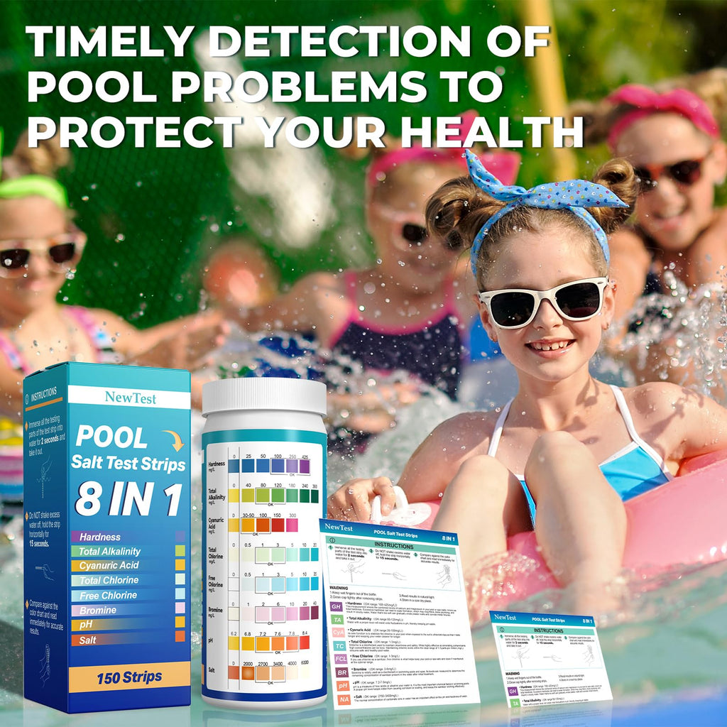 NewTest Pool Salt Test Strips: 150CT 8 in 1 Professional Pool Test Strips for Salt Water Pool & Hot Tub & Spa & Swimming Inground Pools - Quick Accurate Results Saltwater Pool Testing Kit (150)