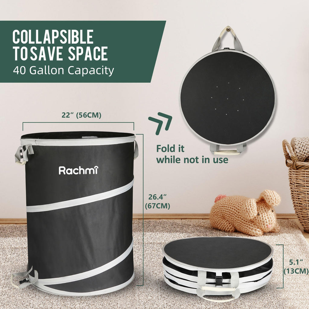 Rachmi 40 Gallon Collapsible Pop-Up Trash Can 2-Pack 22"x26.4", Black