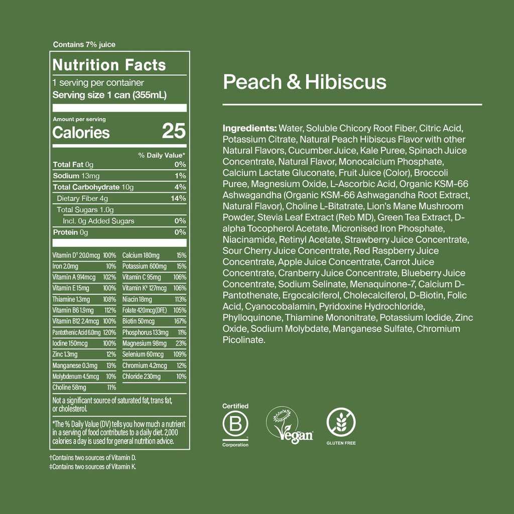 Huel Daily Greens Ready-to-Drink | Peach Hibiscus Superfood Greens | 91 Vitamins, Minerals, and Wholefood-Sourced Ingredients | Adaptogens, Antioxidants, Gut-Friendly Probiotics | 12 Fl Oz, 12 Pk