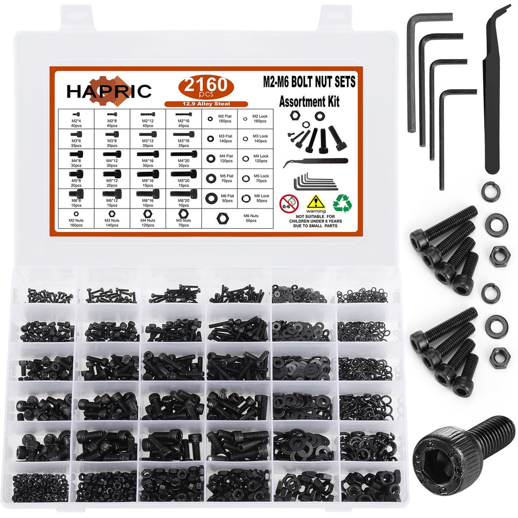 Hapric 2160 Pcs Metric Screw Assortment Metric Bolts M2 M3 M4 M5 M6 Nuts and Bolt Kit, 12.9 Alloy Steel Black Zinc Plated Hex Socket Head Screws Nuts Bolts and Washers Set