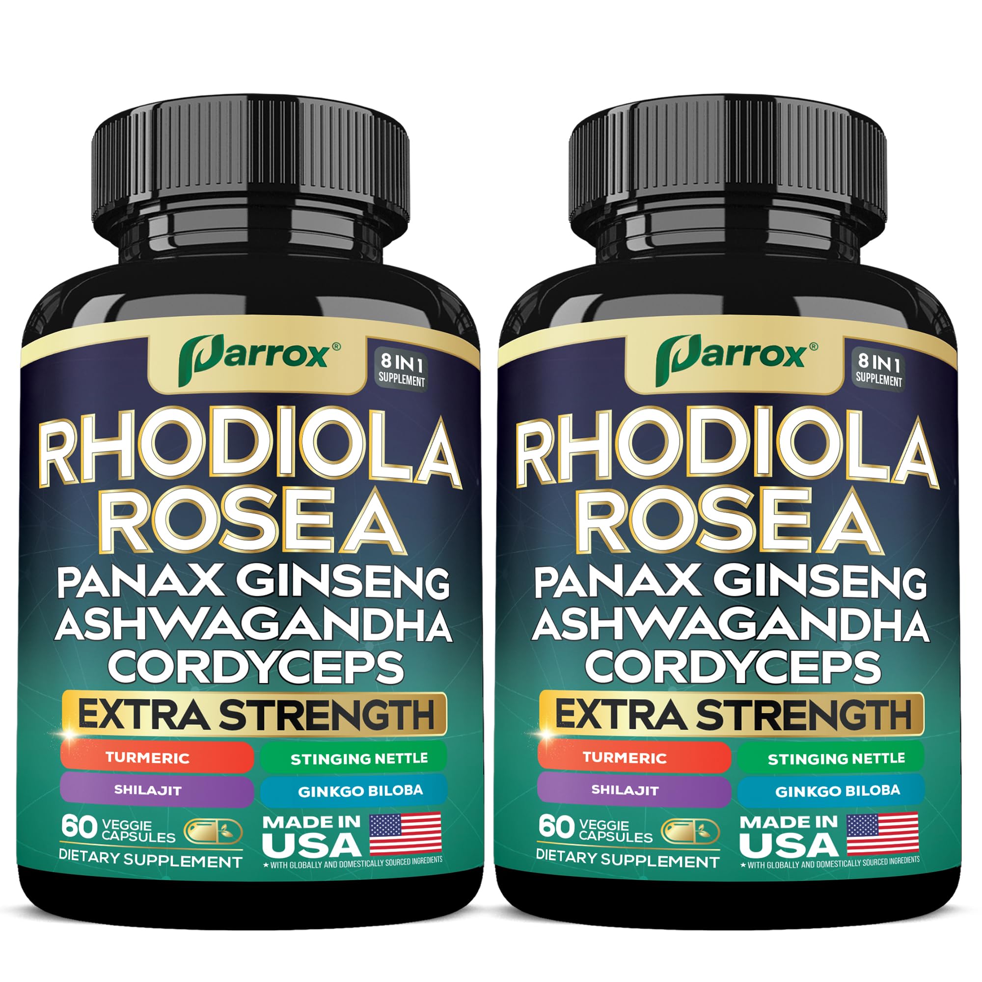 Rhodiola Rosea Adaptogen Supplement, Panax Ginseng & Ashwagandha, 2 Pack