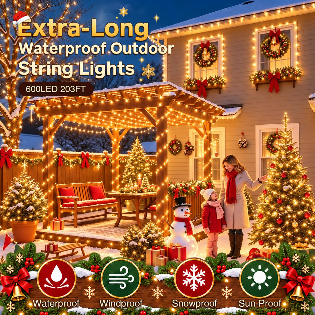 KNONEW 203FT 600LED Outdoor Fairy Lights Plug in Warm White Christmas Decor