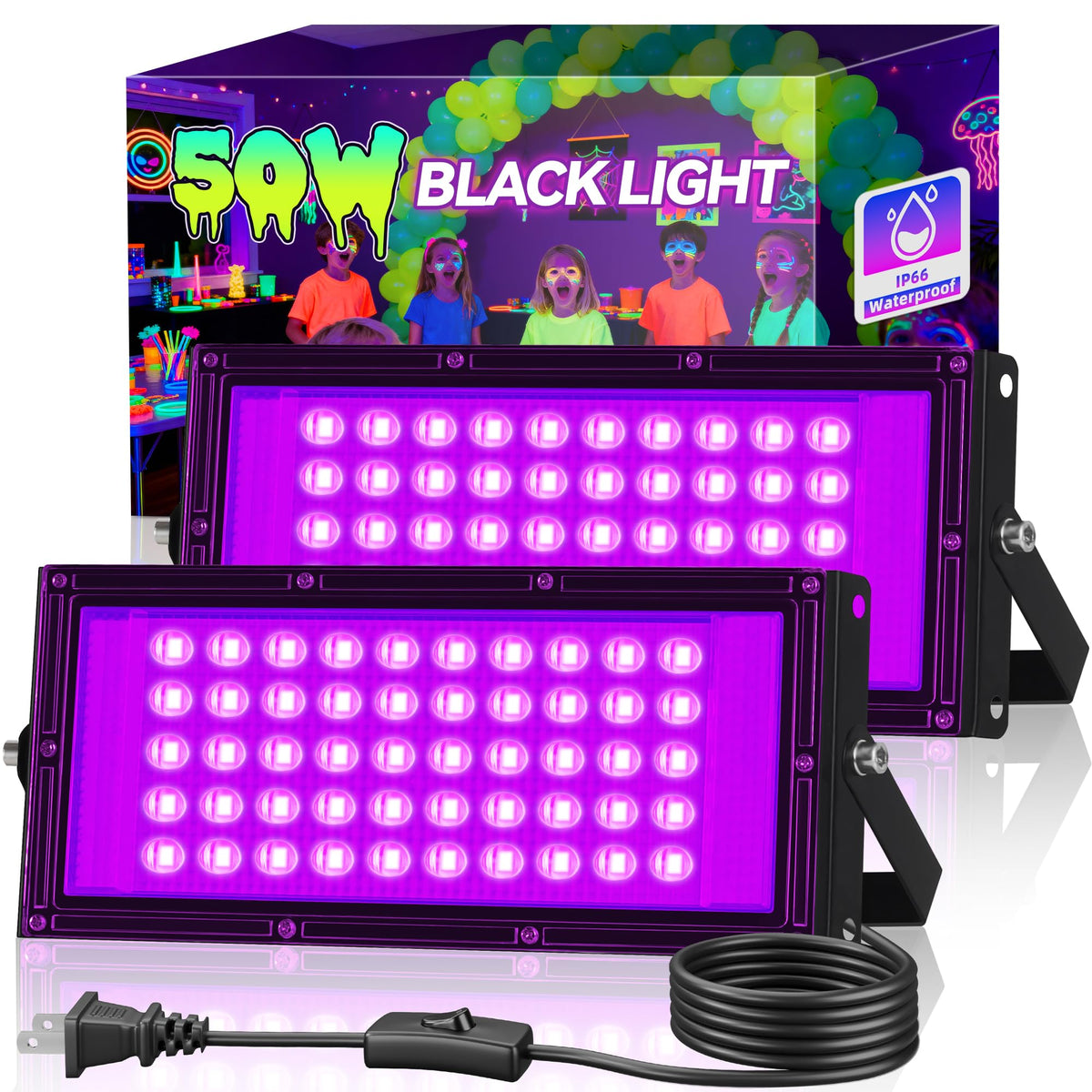 2 Pack 50W LED Black Light, Waterproof Blacklight for Glow Party, Halloween
