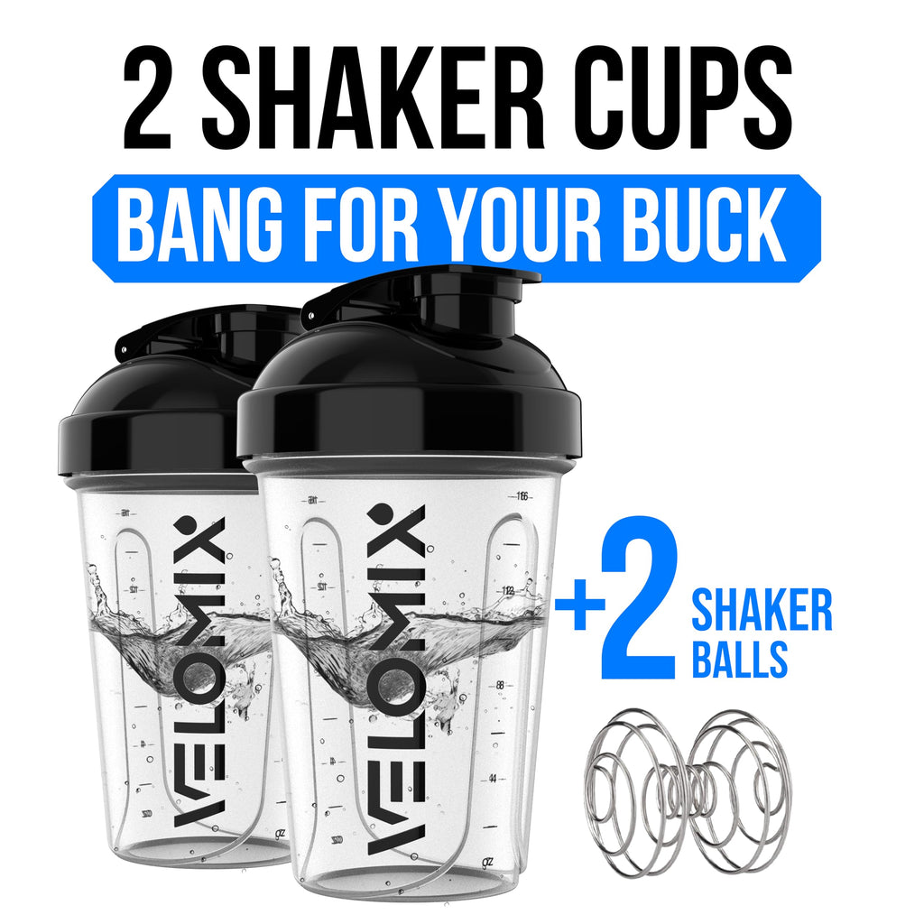 VELOMIX -2 Pack- 20 oz Protein Shaker Bottles for Protein Mixes - 2x Wire Whisk | Leak Proof Shaker Cups for Protein Shakes and Pre Workout | Protein Shaker Bottle Pack (Clear Prime)