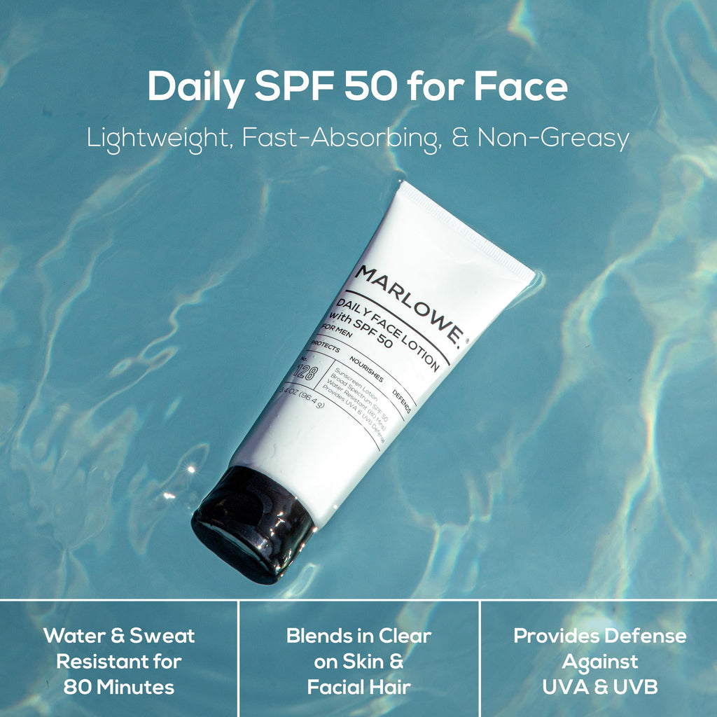 MARLOWE. No. 128 Men's Facial Lotion with Sunscreen SPF 50, 3.4 oz, Oil-Free, Lightweight Daily Face Moisturizer for Men, Includes Natural Extracts to Hydrate, Nourish & Soothe