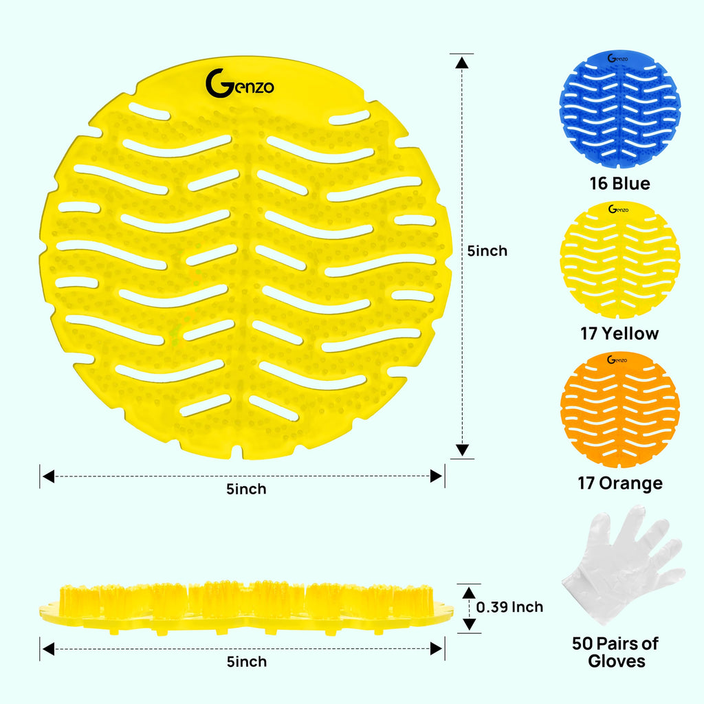 GENZO 50 Pack Urinal Screen Deodorizer, Anti-Splash & Long-Lasting Fragrance Urinal Cakes with Gloves, 17 Yellow, 17 Orange and 16 Blue Urinal Pads Fits to All Toilets