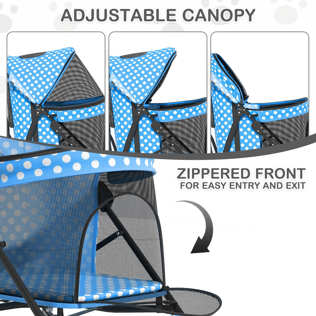 MoNiBloom 4 Wheels Pet Stroller, Easy-Fold Umbrella Shaped Dog Cat Jogger Stroller w/Storage Bag & Visible Mesh for Small/Medium Dogs Cats Sky Blue Polka Dots