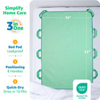 Improvia Positioning Bed Pad, with 8 Reinforced Handles, Quick-Drying, Washable, Waterproof, for Lifting, Turning, Transfering, Elderly and Incontinence Patients (Green, 34" x 52" - Pack of 1)