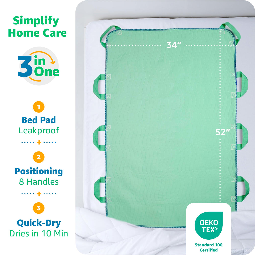 Improvia Positioning Bed Pad, with 8 Reinforced Handles, Quick-Drying, Washable, Waterproof, for Lifting, Turning, Transfering, Elderly and Incontinence Patients (Green, Pack of 2)