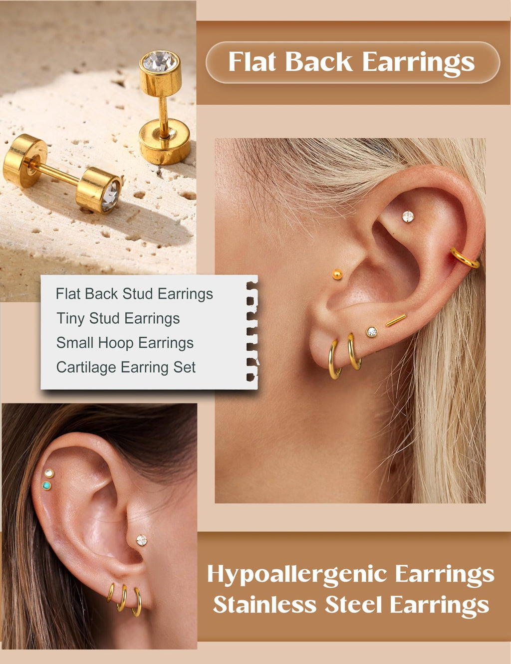 21 Paris Stainless Surgical Steel Flat Back Earrings Hypoallergenic Gold