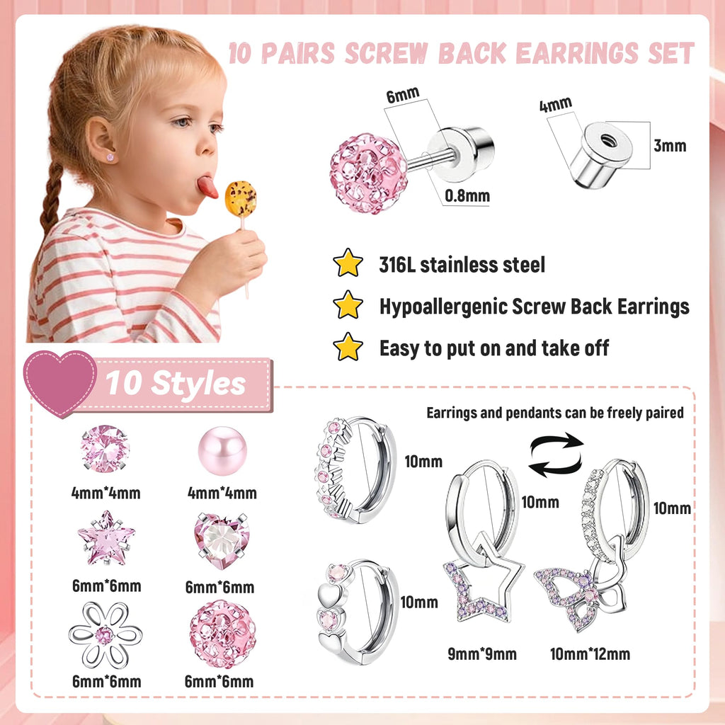 LOFITOR Hypoallergenic Screw Back Stud Hoop Dangle Earrings Set For Girls