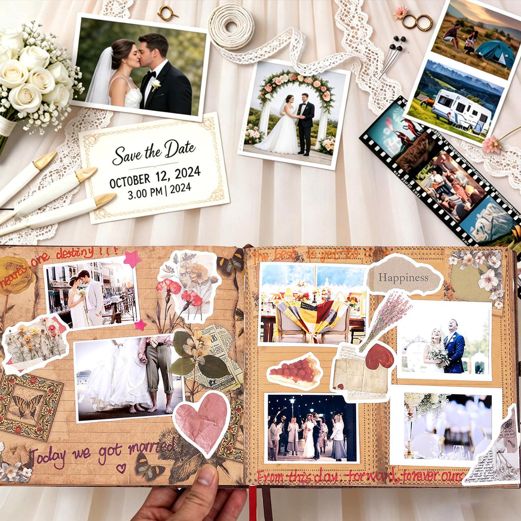 JIMBON Our Adventure Book Scrapbook Photo Album Retro Style Embossed Letter Cover Travel Diary Journal Scrap Book Kit For Couples,Memory Book For Anniversary Wedding