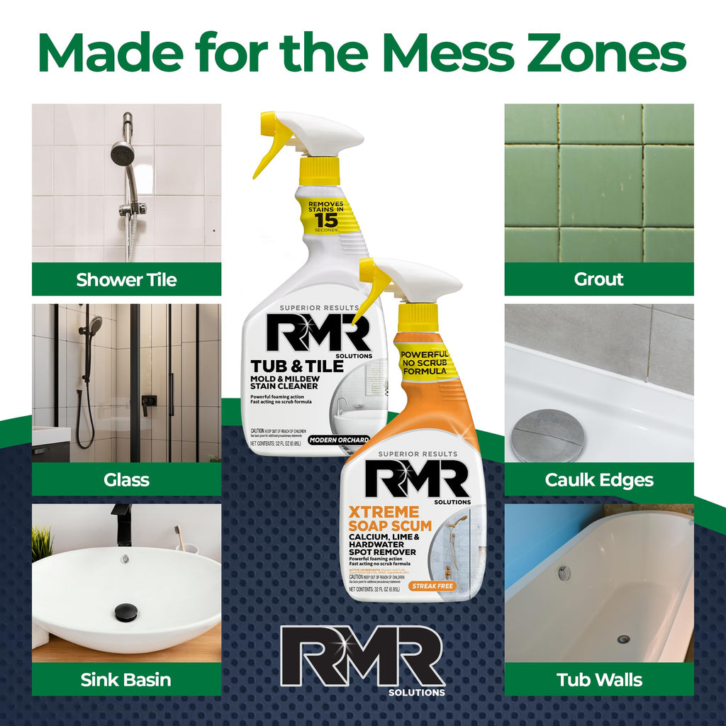 RMR Bathroom Breakthrough Bundle – Tub & Tile Cleaner + Xtreme Soap Scum Remover, 2-Step Deep Clean System for Shower, Tub, Tile, Grout, & Glass Buildup, Stains, & Grime, 2–32 Oz Bottles