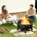 32 Inch Round Fire Pit with Mesh Cover, Fire Poker, Star and Moon Design, Metal Wood Burning Outdoor Firepit for Patio, Backyard, Garden, Bonfire Party,Perfect for Christmas, Thanksgiving, Halloween