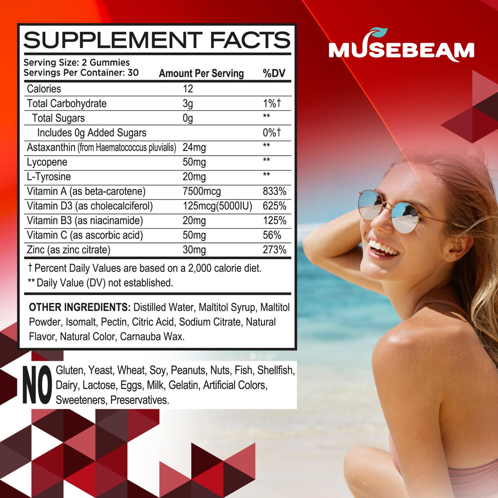 MuseBeam Tanning Gummies for Women - Daily Self Tan Chews That Work Fast Without Sun - Sunless Tan Skin Health Glow Up Sugar Free Vegan Oral Melanin Supplement with Beta Carotene Astaxanthin Lycopene