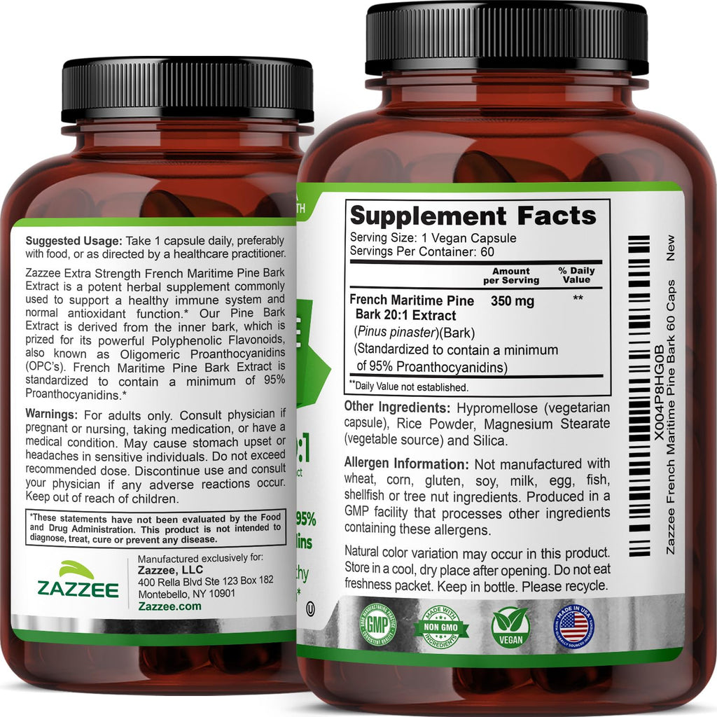 Zazzee Extra Strength French Maritime Pine Bark Extract 20:1, 350 mg Per Capsule, 95% Proanthocyanidins, 60 Vegan Capsules, 2 Month Supply, Certified Kosher, Antioxidant Support, Non-GMO, Made in USA