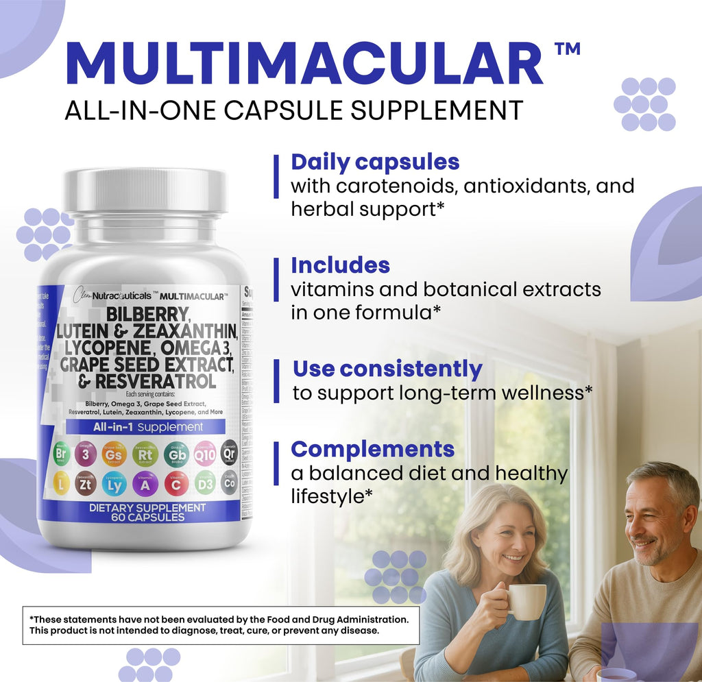 Clean Nutra Eye Vitamins with Bilberry Lutein and Zeaxanthin Supplements Lycopene 40mg Resveratrol Grape Seed Astaxanthin for Eyes - Eye Care Health Support (60 Count (Pack of 2))