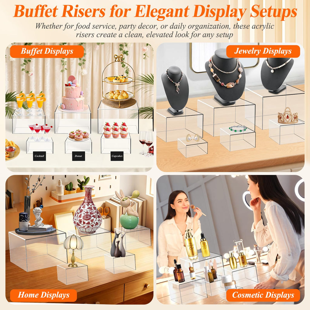 8 Pcs Clear Acrylic Buffet Risers with LED Fairy Lights, Acrylic Food Risers with Mini Sign and Maker, Clear Buffet Risers and Stands for Party Catering Dessert Collectibles(9" 8" 7" 6" 5" 5" 4" 4" )