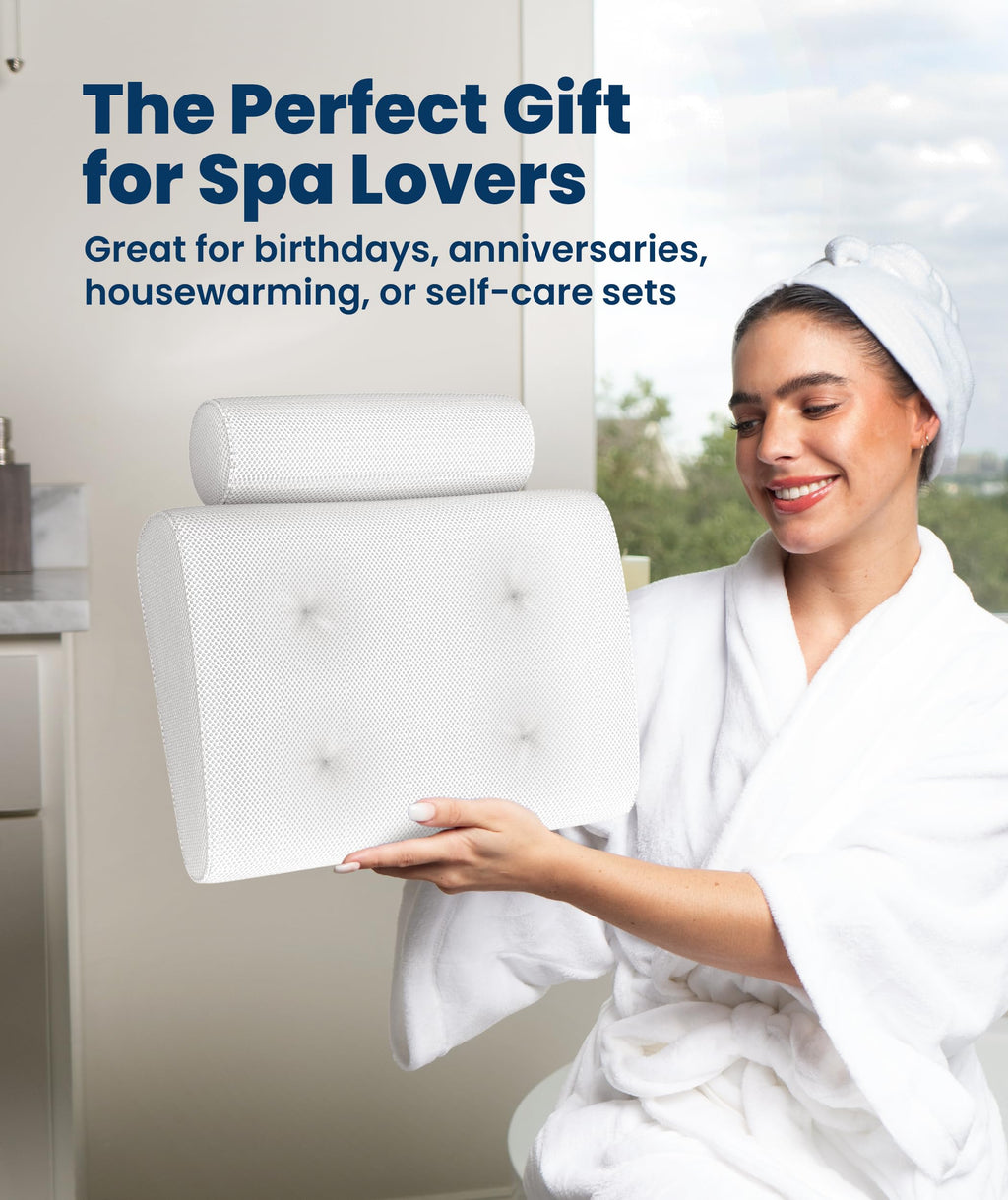 Everlasting Comfort Luxury Bath Pillows for Tub with Head and Neck Support - Non-Slip Bathtub Pillow with Suction Cups, Quick-Drying Mesh & Drying Hook - Jacuzzi & Spa Accessories for Women - White