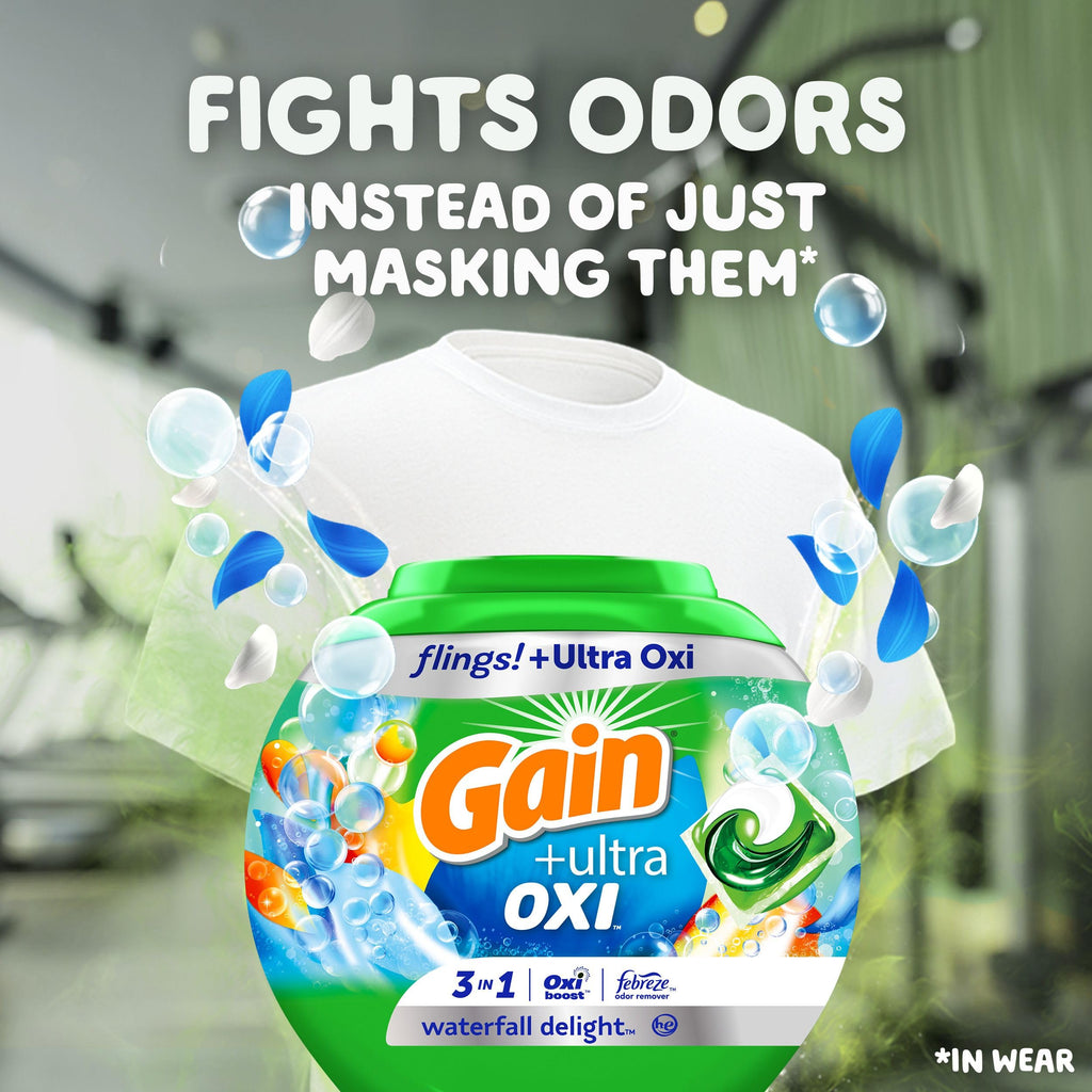 Gain Flings Ultra Oxi Laundry Detergent Pacs, 76 Count, Waterfall Delight Scent, with Odor Defense, Concentrated Laundry Soap Pacs