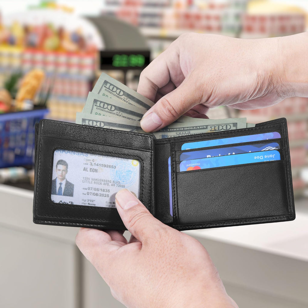 MARZAHAR Genuine Leather Mens Wallet, RFID Blocking Bifold, Black