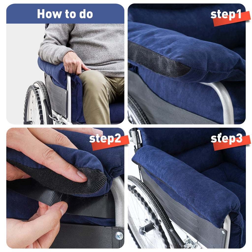 Wheelchair Cushions, Pressure Pain Relief Accessories with Armrest Covers, Supports Coccyx & Back, Non-Slip, Fits Wheelchair with 16'' Length Armrest (Navy)