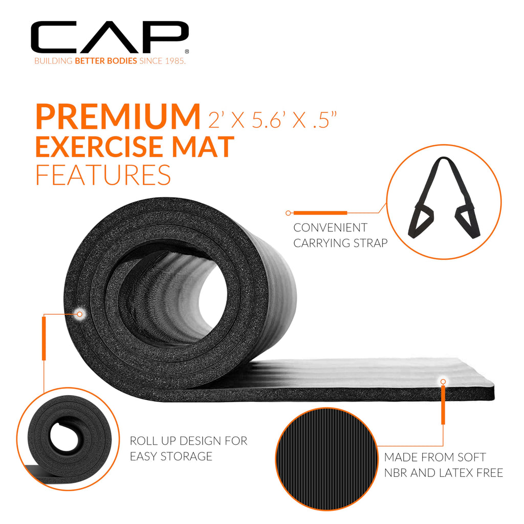 CAP 1/2" Thick Yoga Mat, Exercise & Workout Mat with Strap, Black