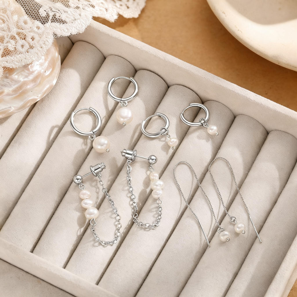 Moodear Silver Earrings for Women, 925 Silver Pearl Earring Stacks Jewelry