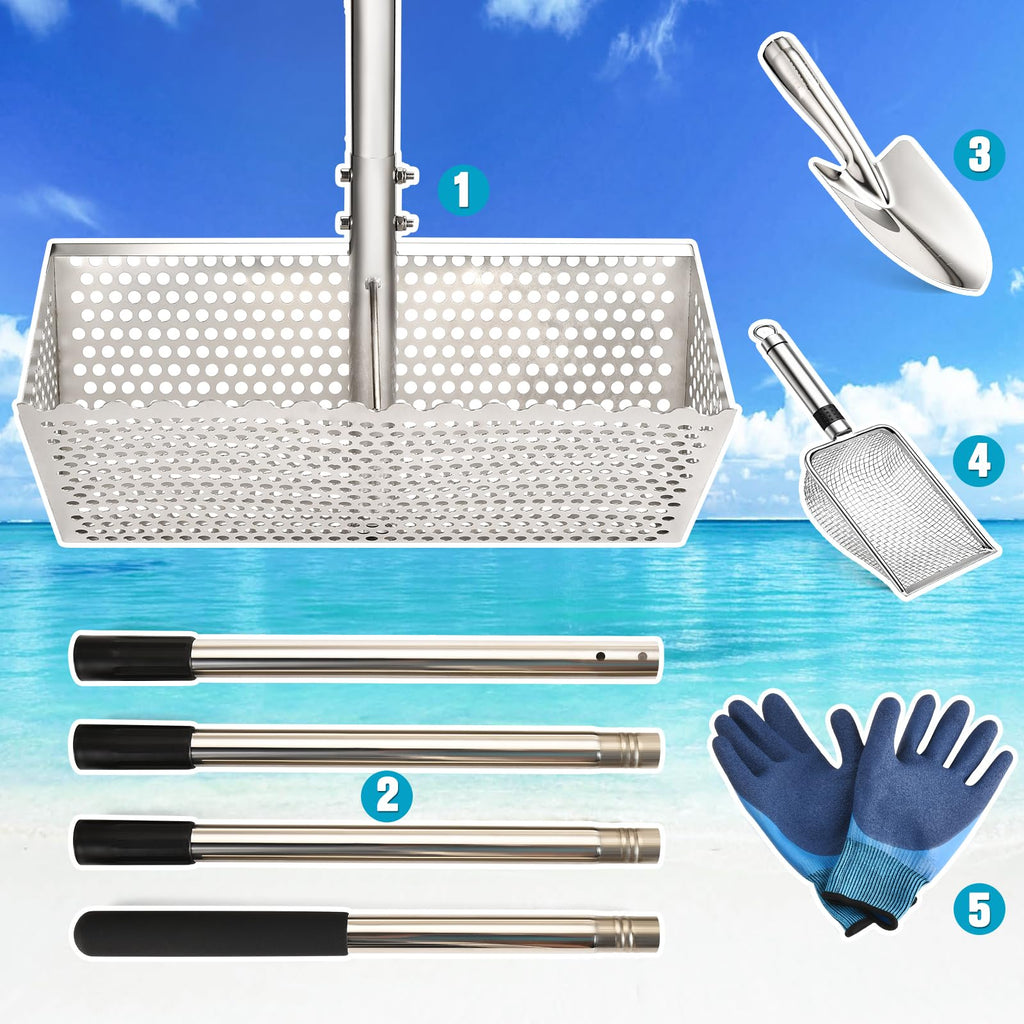 Sand Flea Rake, Stainless Steel Sand Sifter, Shark Tooth Sifter with A 16-Inch Wide Drain Screen for Finding Fleas,Shells and Shark Teeth