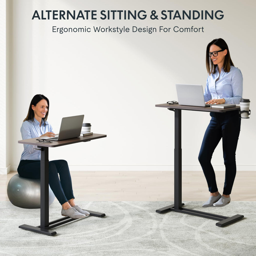 FLEXISPOT H7 Adjustable Overbed Bedside Table with Wheels Pneumatic Mobile Standing Desk Laptop Desk Rolling Computer Cart Movable Table Hospital Home Use(27.6" W x 15.7" D, Mahogany Table)