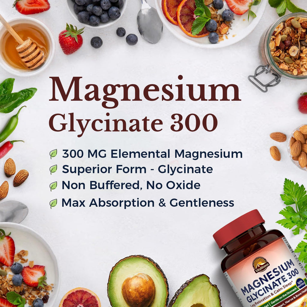 Vitalitown Magnesium Glycinate | Chelated, Non Buffered 300mg Elemental Magnesium | Most Bioavailable, Fully Reacted | Bone, Calm, Relaxation, Heart Health | 90 Tablets, Non-GMO