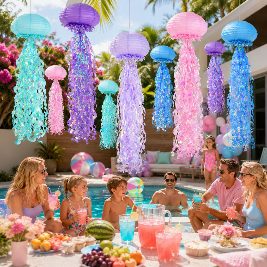 ADLKGG 6-Pack Jellyfish Paper Lanterns, Blue Purple Pink Under The Sea Party Decorations, Mermaid Birthday Decorations, Ocean Themed Baby Shower, 10" Jellyfish Lamp for Classroom Decor Pool Party